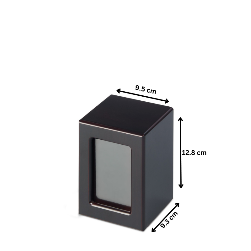 Small Mahogany Veneer Photo Urn with dimensions 12.8 x 9.5 x 9.3 cm. Features a photo frame and holds a portion of ashes for memorial use.