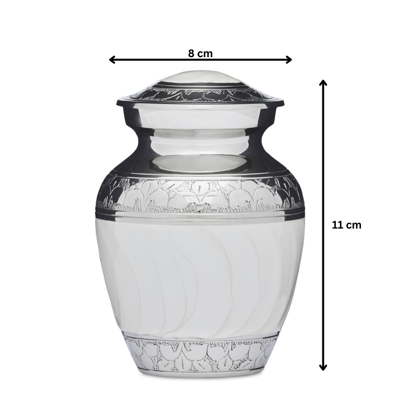 4" White Enamel Nickel Urn with dimensions 11cm height and 8cm width, crafted from solid brass with elegant detailing and felted base.
