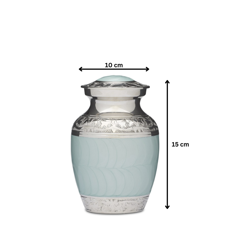 6" blue enamel nickel urn with 15 cm height and 10 cm width. Solid brass construction with secure closure and decorative silver accents.