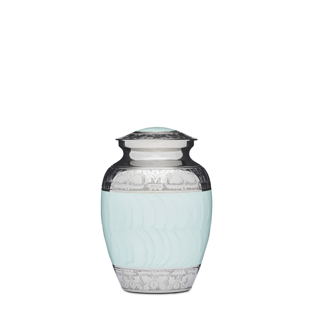 7 Inch Blue Enamel Nickel Plate urn with intricate silver floral engravings, made of solid brass with a secure threaded lid and felted bottom.