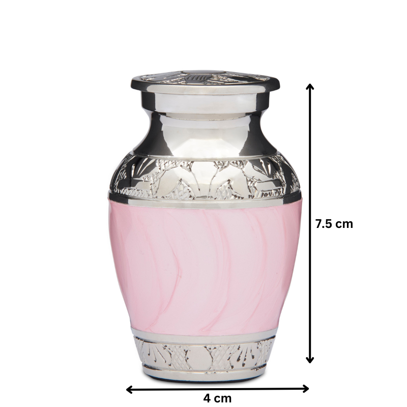 Pink Enamel Keepsake - Jewelry Gift for Memories, 7.5 cm tall and 4 cm wide, ideal for storing mementos in a compact urn design.