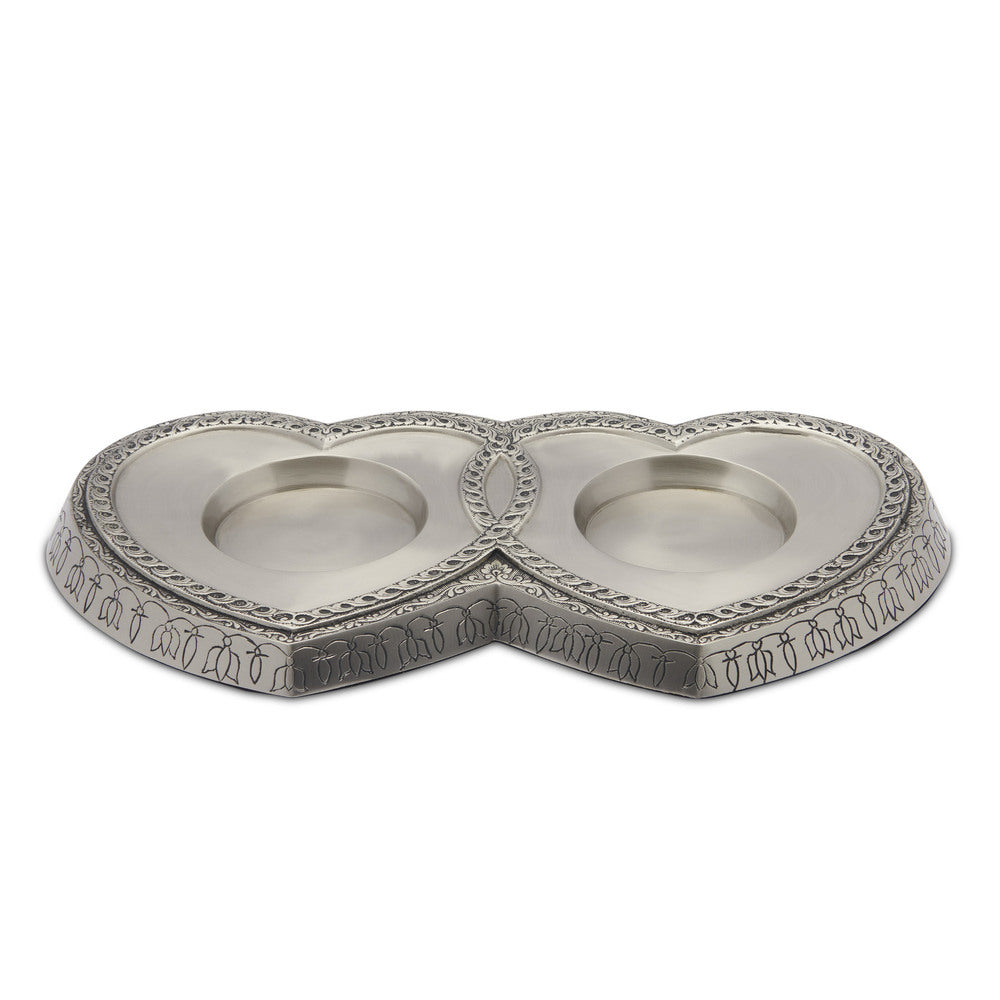 Pewter Love Heart Base - Cremation Base | Holds 2 Urns. Handcrafted solid brass heart-shaped base with brushed pewter finish and engraved detailing.