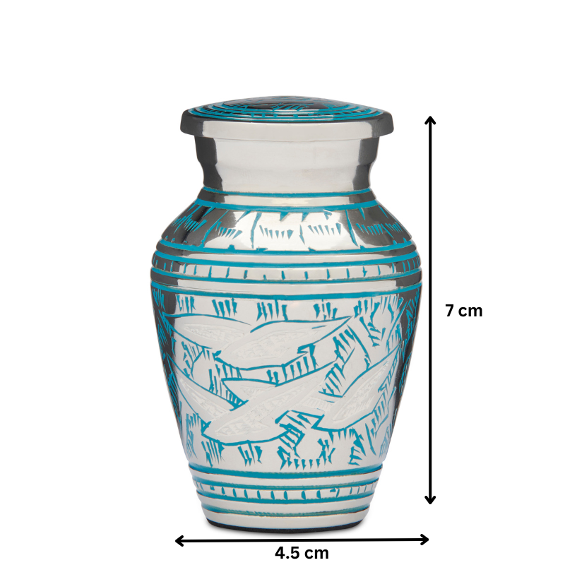 Bird Keepsake Urn - Birds Returning Home with dimensions 7 cm tall and 4.5 cm wide, crafted in solid brass with teal detailing.