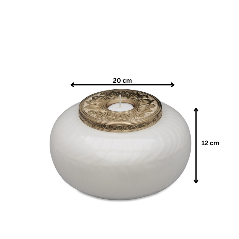 Medium White and Gold Candle Urn measuring 20 cm wide and 12 cm tall, perfect for elegant memorial keepsake displays.