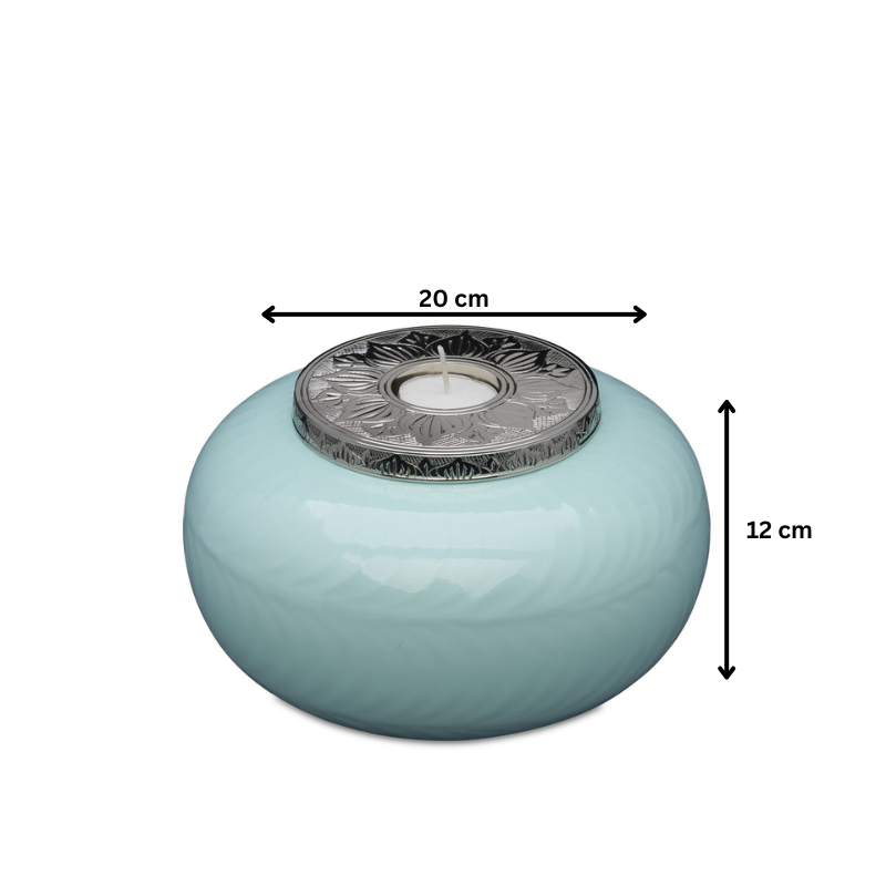 Medium Blue Silver Candle Urn measuring 20 cm wide and 12 cm tall, featuring a decorative silver top and smooth blue finish for memorial use.