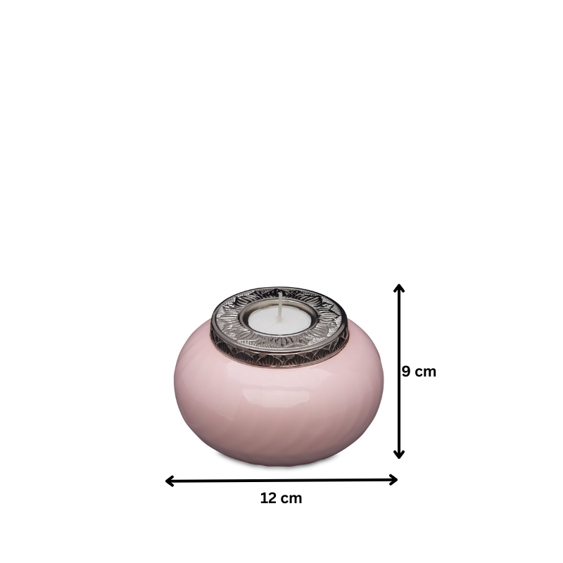 Pink and Silver Candle Urn Keepsake measuring 12 cm wide and 9 cm tall, featuring a decorative silver rim and soft pink ceramic body.