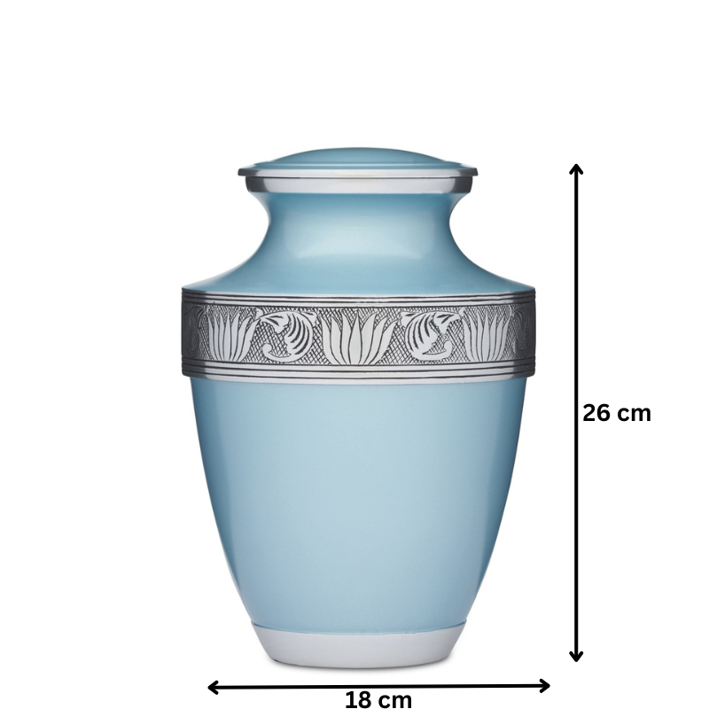 Teal Alloy Urn - Teal Cremation Urn measuring 26 cm tall and 18 cm wide, featuring a silver decorative band and durable alloy build.