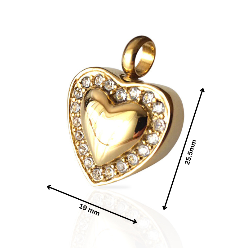 Sweet Heart Gold Tone Necklace pendant with dimensions 25.5mm by 19mm, showcasing a crystal-studded gold heart design. Ideal gold heart jewelry piece.