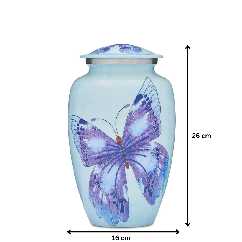Butterfly Adult Urn - Elegant Blue Memorial measuring 26 cm tall and 16 cm wide, featuring a detailed purple butterfly on a serene blue finish.
