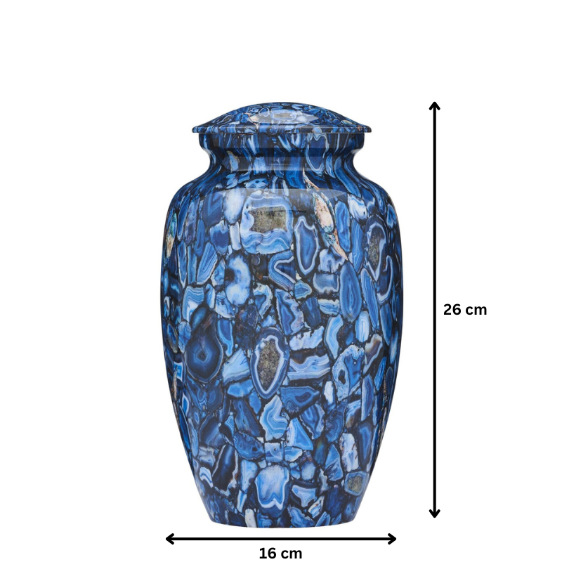 Blue Opal Adult Urn measuring 26 cm tall and 16 cm wide, showcasing a modern marbled design ideal for elegant memorials.