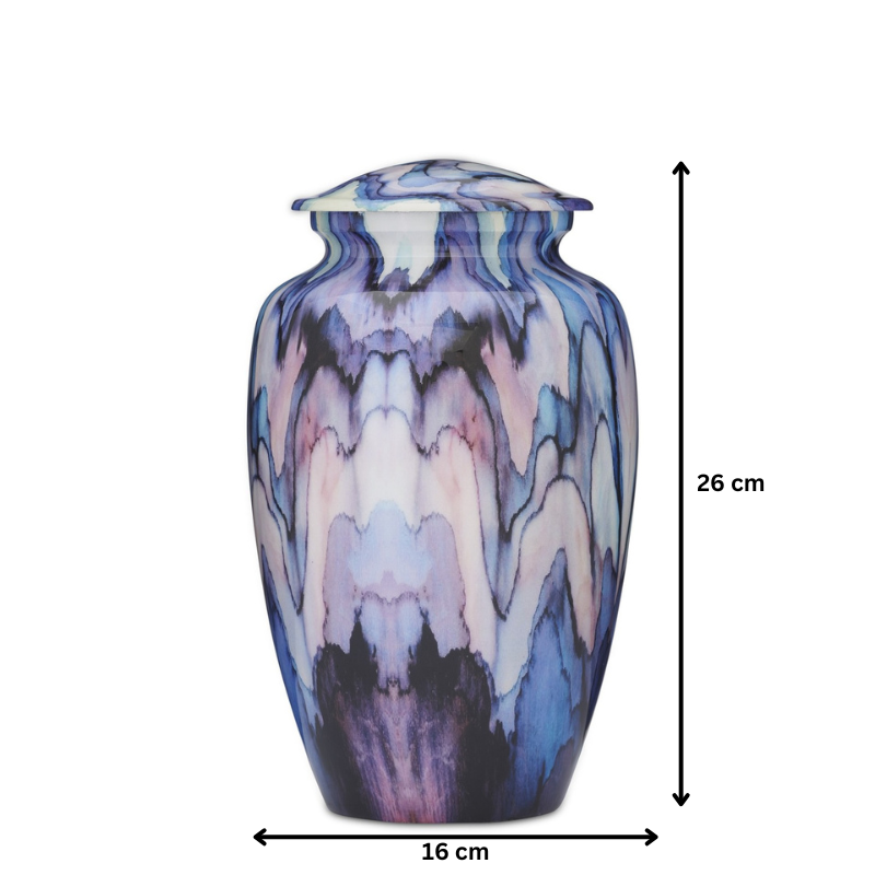 Modern Blue Abstract Adult Urn measuring 26 cm tall and 16 cm wide. Features a marbled blue and purple finish for a modern memorial.