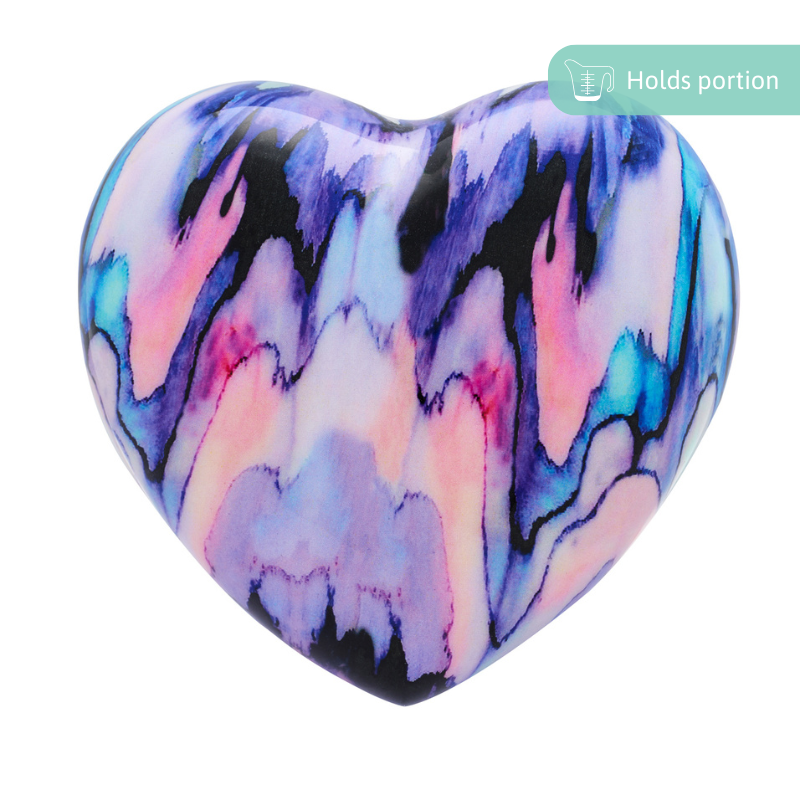 Modern Blue Heart Urn Large with elegant marbled design in blue, pink, and purple tones. Ideal keepsake urn for honoring loved ones.