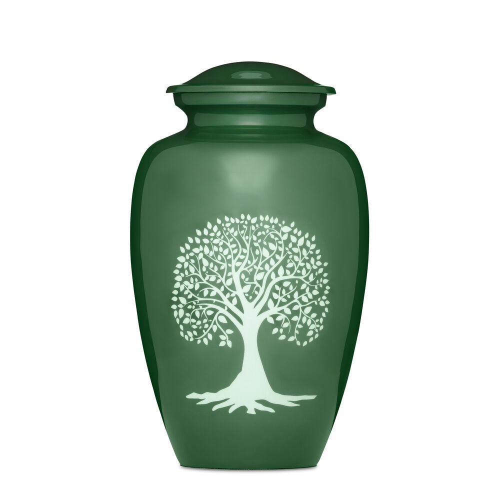 Green adult urn with elegant Tree of Life design, featuring large capacity for ashes. Ideal for a dignified memorial display or burial.