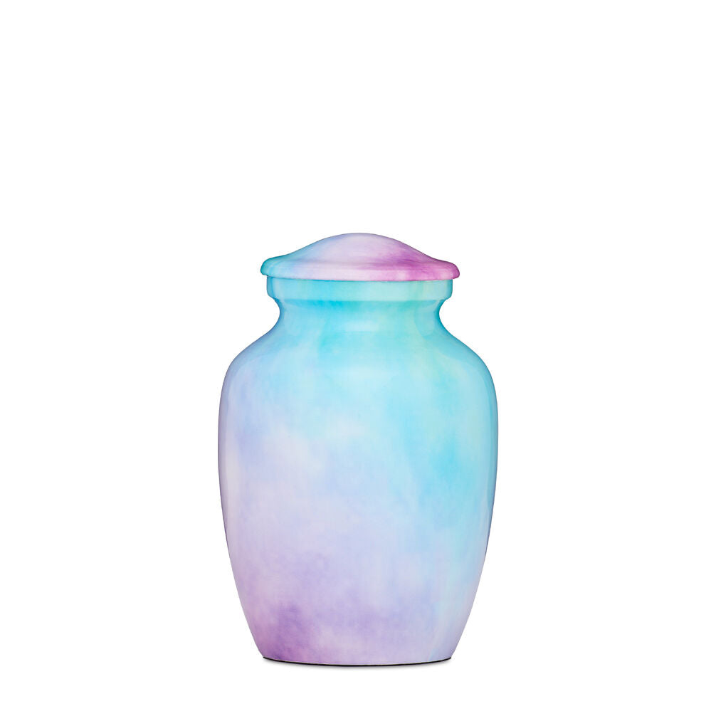 Watercolour Alloy Urn with soft pastel hues of blue, purple, and pink. Elegant design ideal for a durable and beautiful memorial tribute.