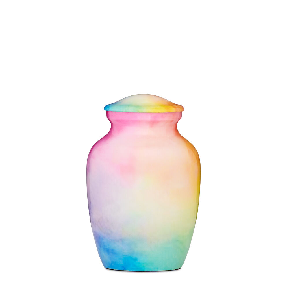 Rainbow Watercolor Urn - Medium Alloy Urn with elegant multicolor finish, ideal for a vibrant and unique memorial display.