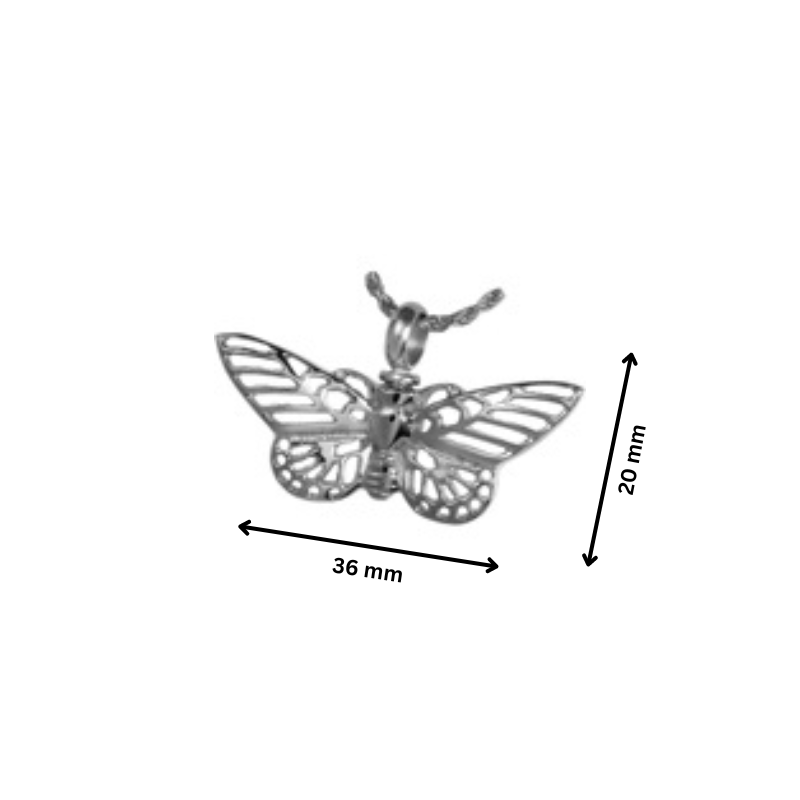 Butterfly Cremation Jewelry pendant in silver, measuring 36mm by 20mm. Delicate design with secure closure for memorial keepsakes.