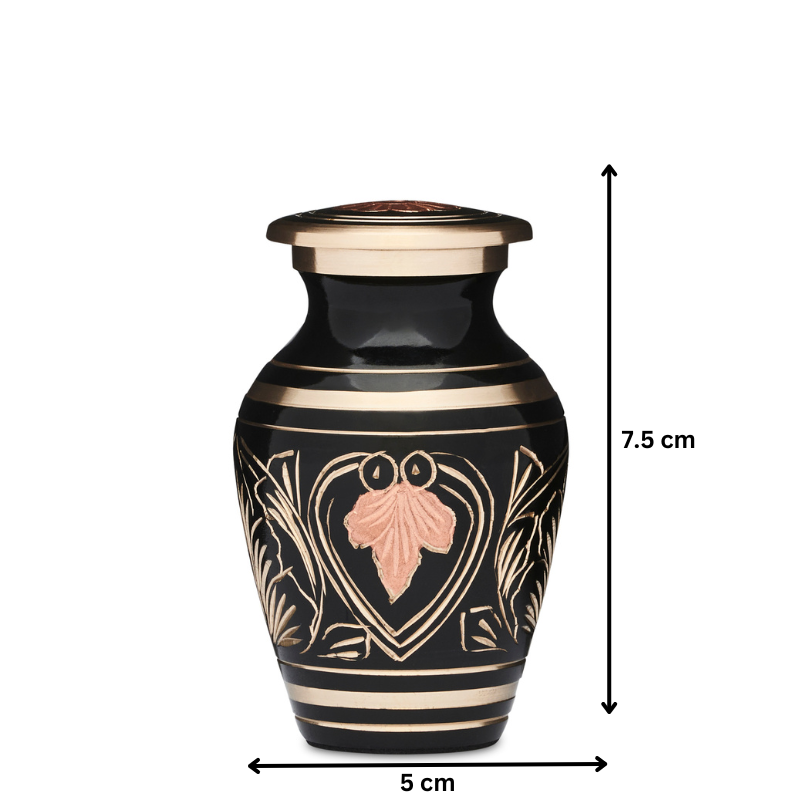 Durable Copper Flower Keepsake urn, 7.5 cm tall and 5 cm wide, ideal memorial gift with intricate floral engraving and elegant design.