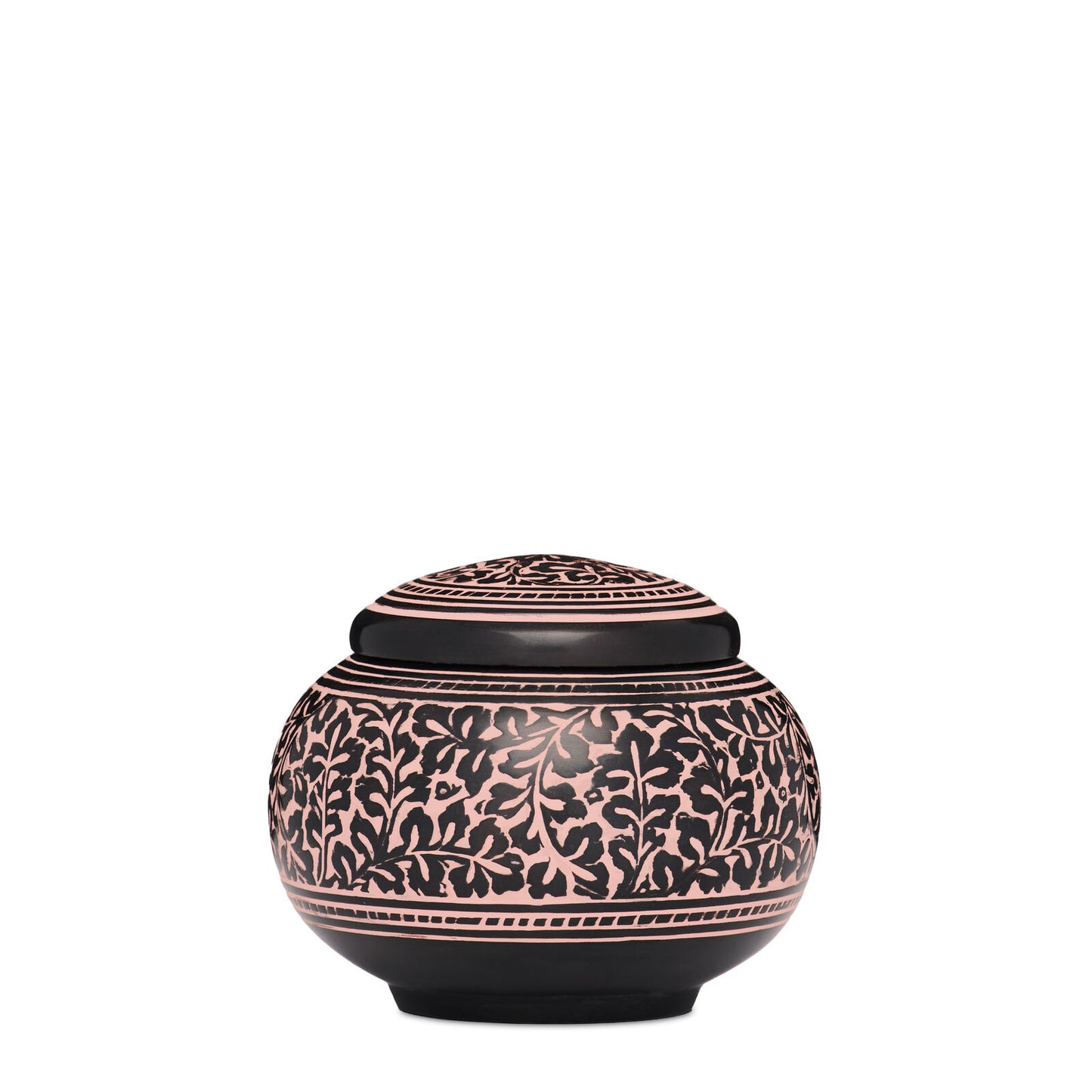 Black Pink Ivy Medium Urn - Elegant Cremation Vessel with intricate ivy pattern in pink over a black aluminum base, ideal for ashes or infant cremains.