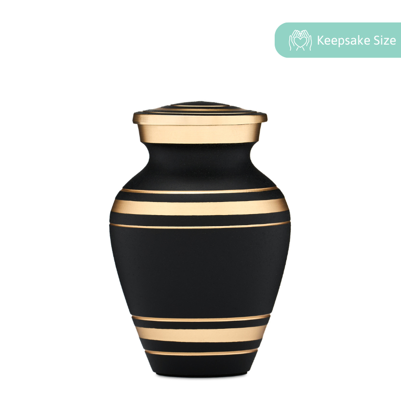 Black & Gold Rings Keepsake Urn - Unique Memorial Present with elegant matte black finish and gold accent bands, ideal for honoring loved ones.