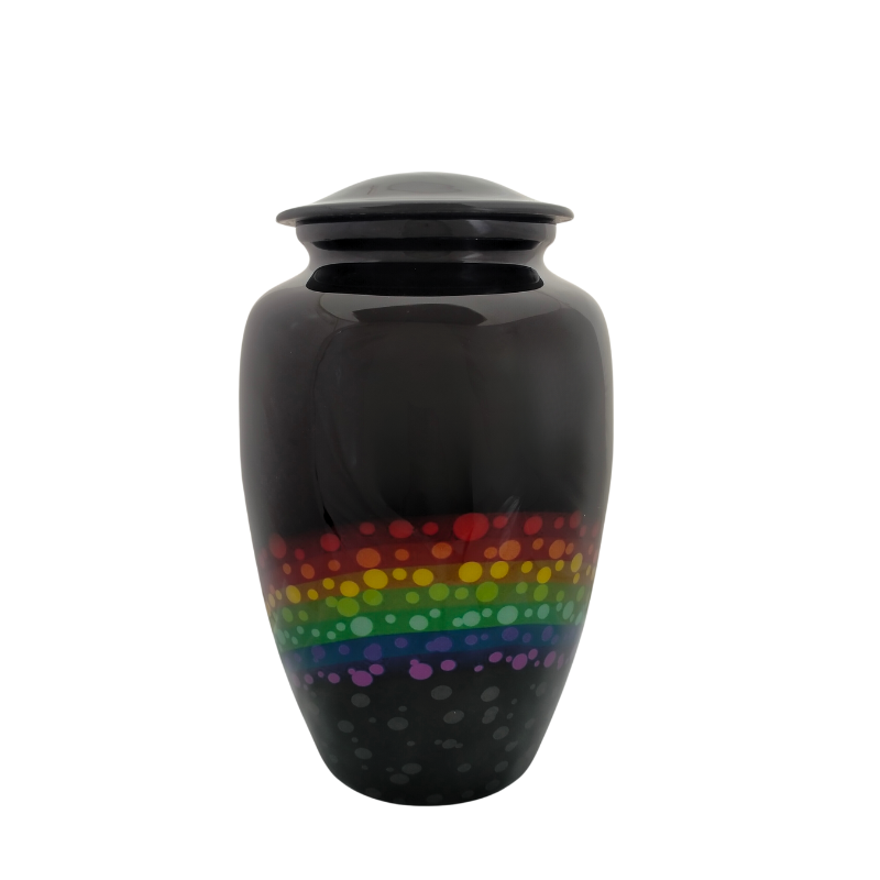 Modern Black Alloy Urn for cremation with a vibrant rainbow dot pattern. Elegant and durable design for honoring loved ones with style.