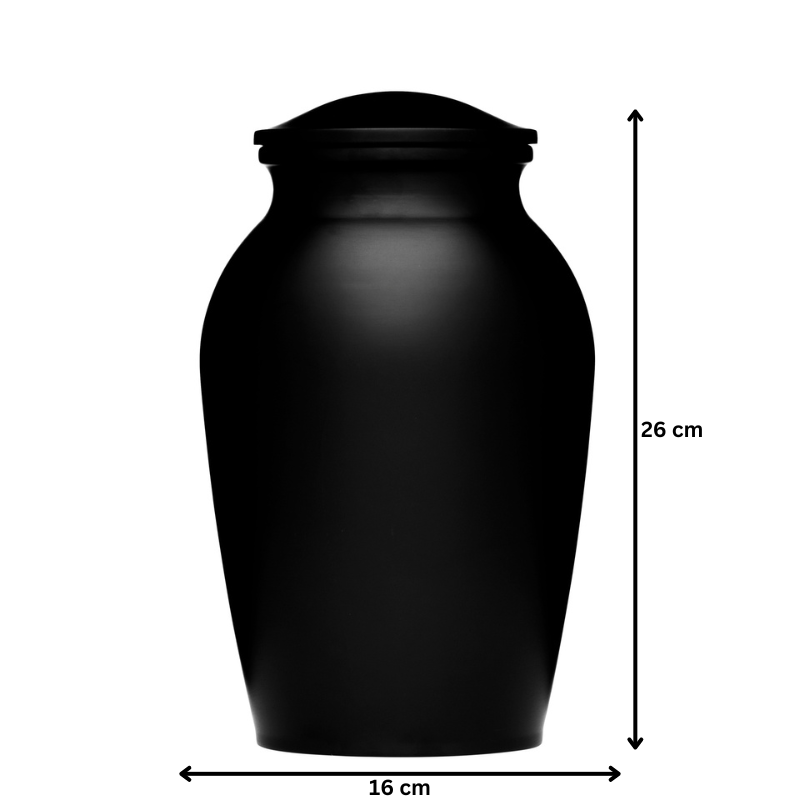 Matte Black Alloy Urn - Adult | Elegant Cremation Urn measuring 26 cm tall and 16 cm wide, perfect for adult ashes and lasting remembrance.