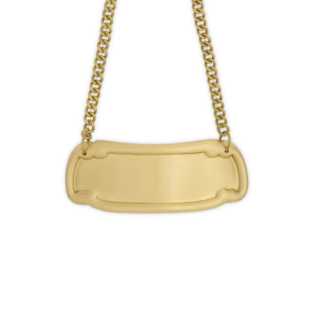 Brass Name Plate with blank center and decorative edges, suspended by a gold chain. Ideal for personalized engraving and stylish home or office use.