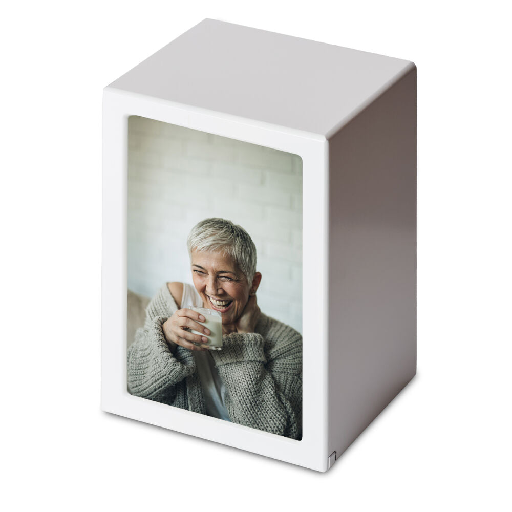 Elegant Wooden Adult Photo Urn with a personalized photo display. Perfect for preserving memories in a dignified memorial setting.