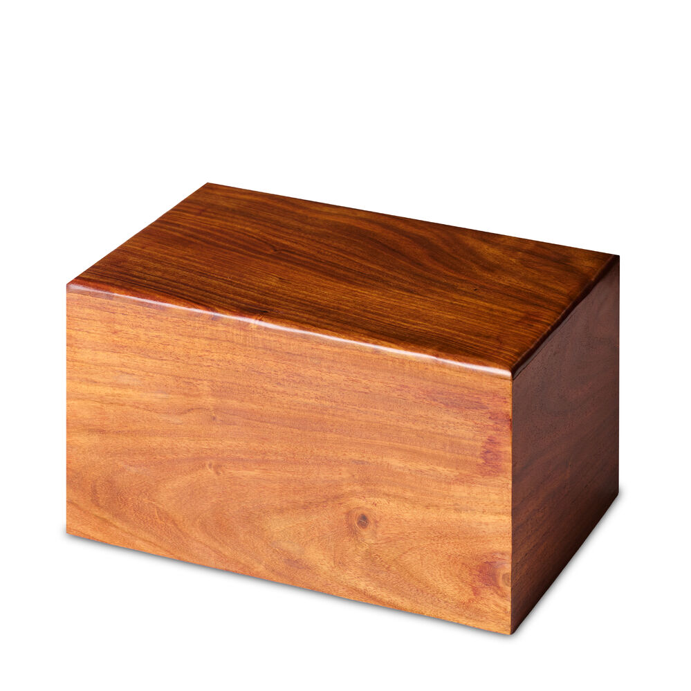 Handcrafted Wooden Adult Urn with smooth polished finish and rich wood grain. Elegant and durable memorial urn for ashes in a rectangular box design.