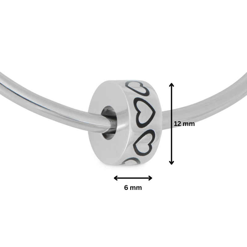 Baby Hearts Bead - 925 Silver cremation charm measuring 12mm x 6mm, featuring heart engravings and compatible with European-style bracelets.