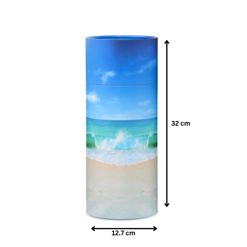 Eco-friendly Beach Scattering Urn - Large, 32 cm tall and 12.7 cm wide, featuring a serene ocean scene for meaningful coastal tributes.