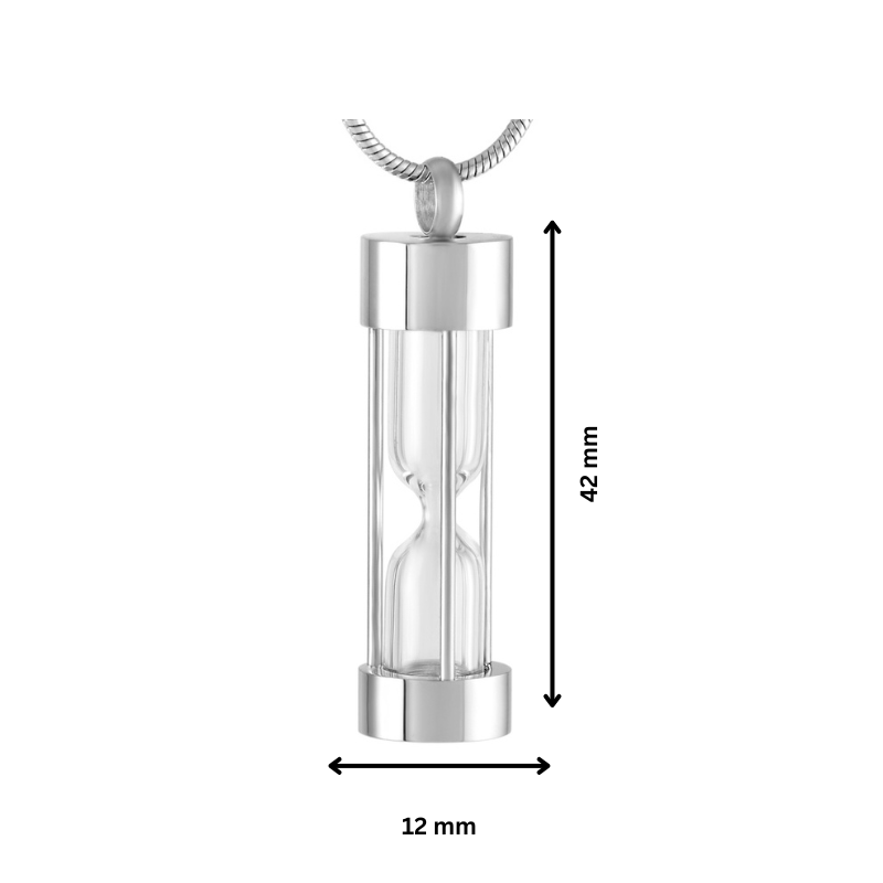 Hourglass Pendant Necklace Steel with ash holding design, shown with dimensions 42mm height and 12mm width, silver tone stainless steel.