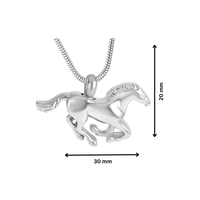 Horse Pendant - Silver Ashes Pendant with 30mm width and 20mm height, crafted in stainless steel with detailed horse shape.