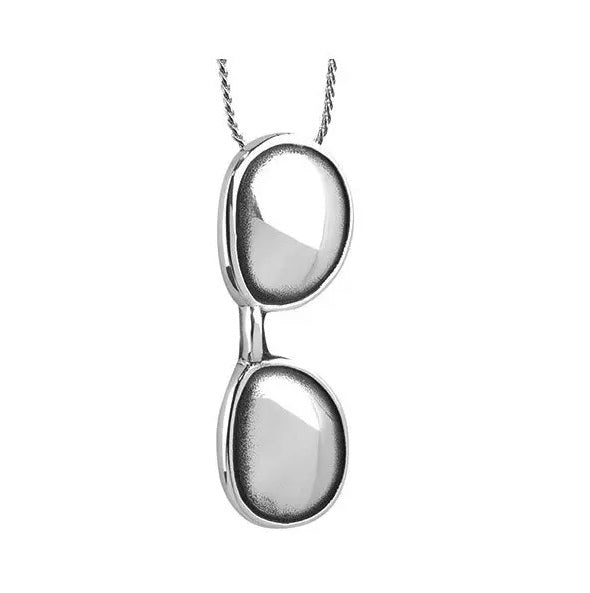 Sunglasses Pendant C705 in polished silver finish, shaped like folded round sunglasses, hanging from a twisted chain. Ideal for fashion jewelry lovers.