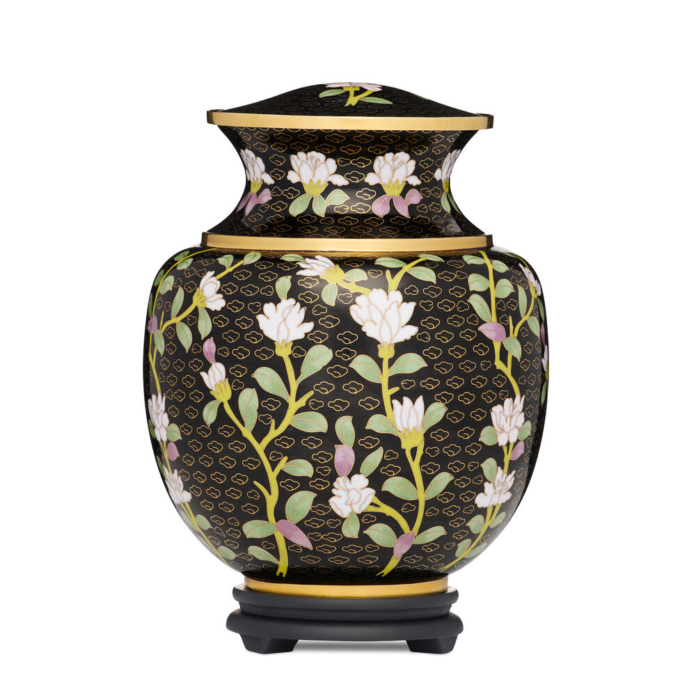 Midnight Bloom Adult Urn - Elegant Memorial Keepsake featuring a black brass body with white floral patterns and gold accents. Includes a secure lid and display stand.