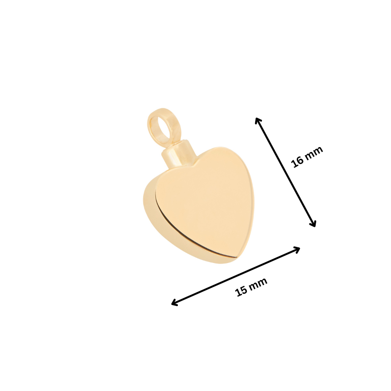 Flat Heart Gold Vermeil Pendant with dimensions 16mm x 15mm, perfect for memorial jewelry and personalized engraving.