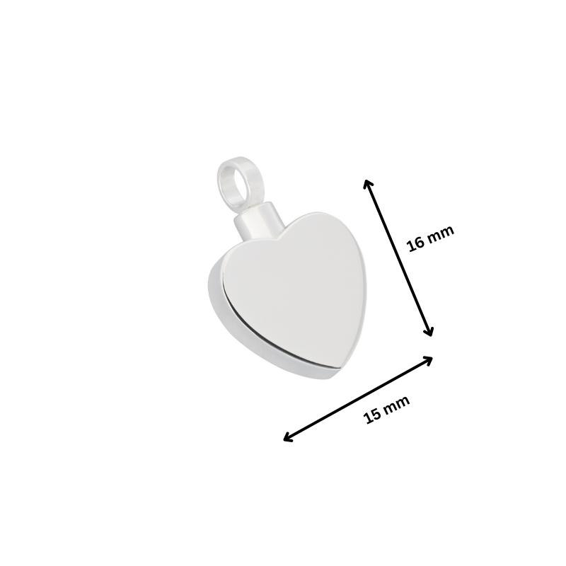 925 silver flat heart pendant with dimensions 16mm x 15mm. Engravable keepsake with ashes holder for personalized memorial use.