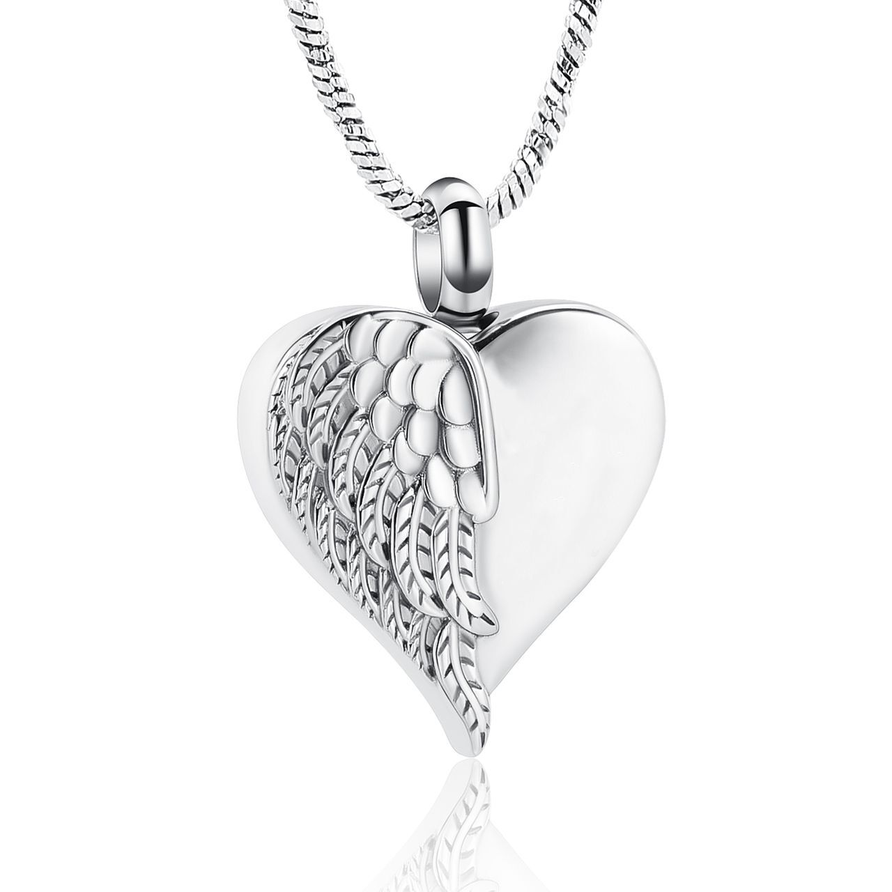 Angel Heart Pendant in silver tone with detailed angel wing design on heart-shaped stainless steel. Ideal for ashes keepsake or memorial jewelry.