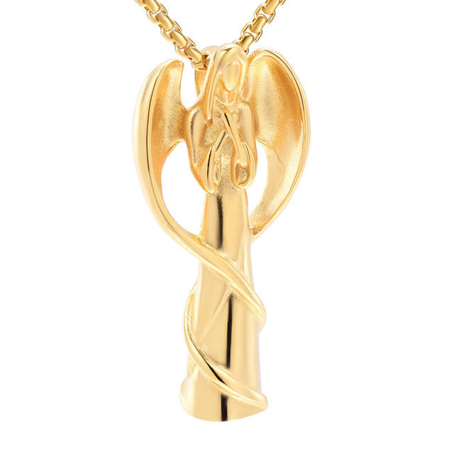 Gold-tone Angel Prayer Pendant for Ashes in stainless steel with a detailed angel design and chain, ideal memorial keepsake jewelry.