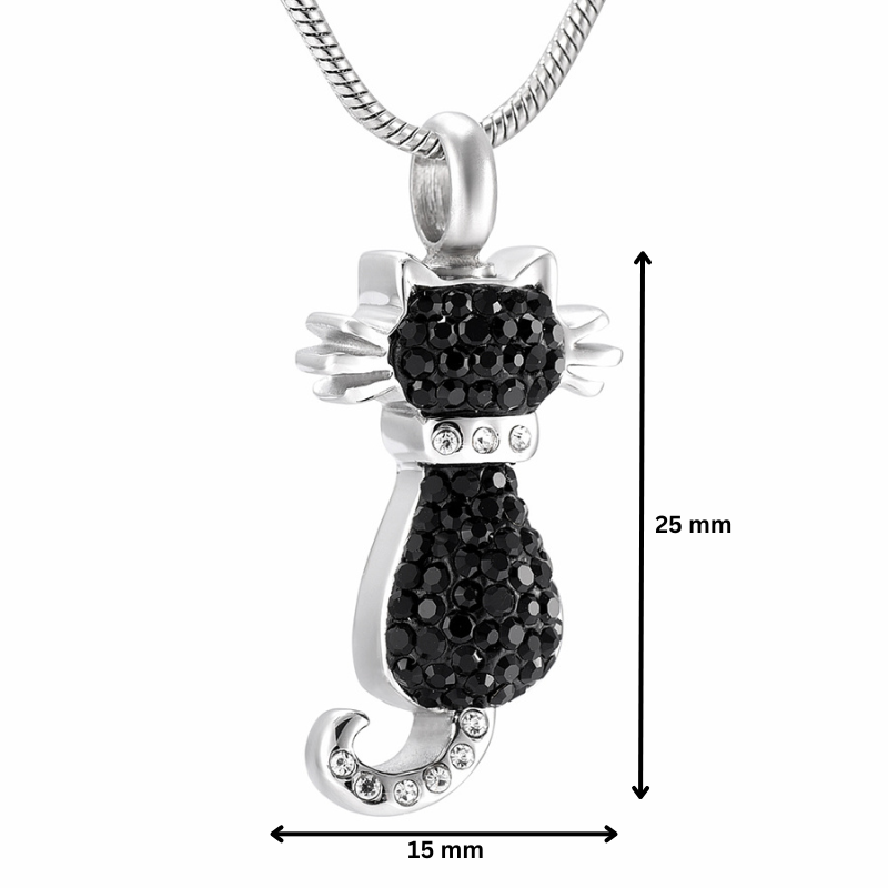 Black Cat Pendant - Black Cat Pendant | Stainless Steel shown with 25mm height and 15mm width, encrusted with black and clear crystals, perfect for remembrance jewelry.