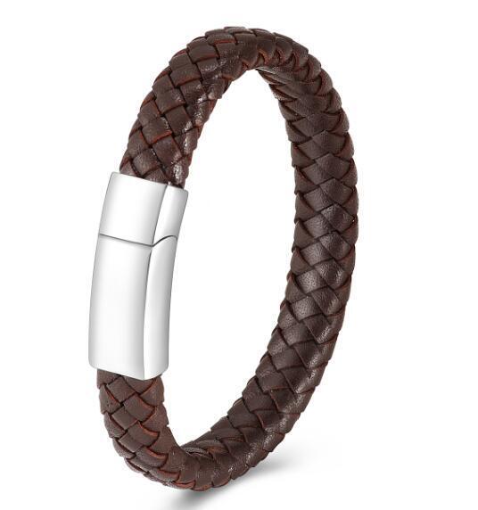 Braided leather bracelet with silver tone magnetic clasp, ideal for keepsakes. Features rich brown leather and secure closure for daily wear.