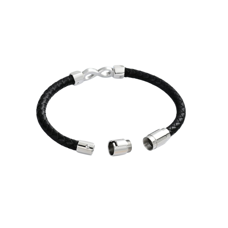 Open view of Leather Infinity Bracelet Urn showing threaded clasp for storing ashes or mementos. Black braided leather with silver accents.