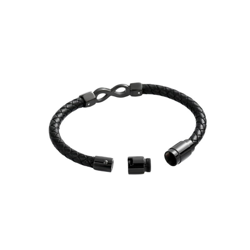 Open view of black braided leather infinity urn bracelet showing discreet compartment for ashes, perfect for memorial jewelry use.