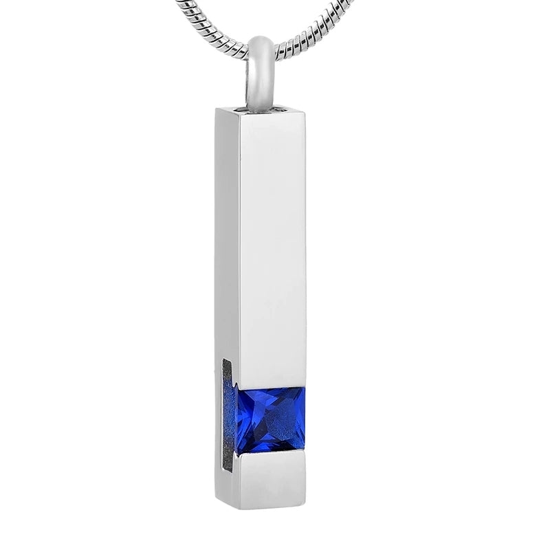 Ocean Blue Pendant Necklace featuring a sleek stainless steel column design with a vibrant blue stone inset. Ideal for keepsakes or memorial use.