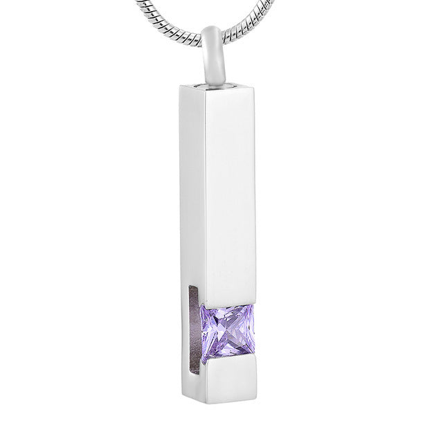 Column Pendant with Purple Stone in stainless steel, featuring a square-cut gemstone set in a sleek vertical design. Ideal for memorial jewelry use.
