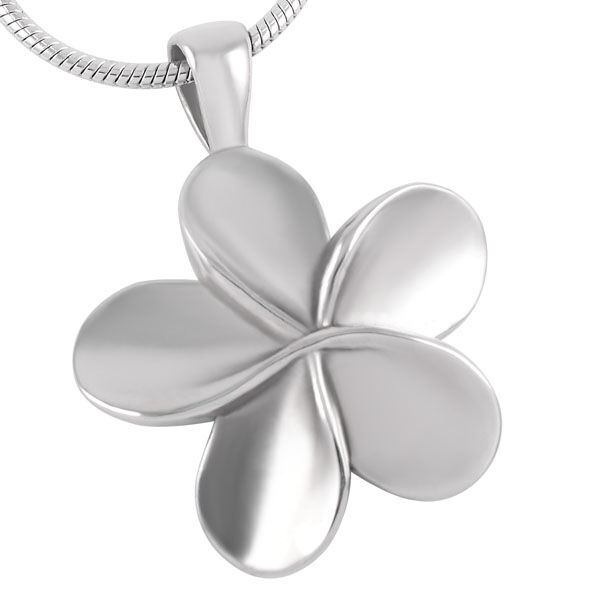 Frangipani Pendant Necklace in stainless steel shaped like a five-petal flower, designed as a memorial keepsake with a hidden ashes compartment.