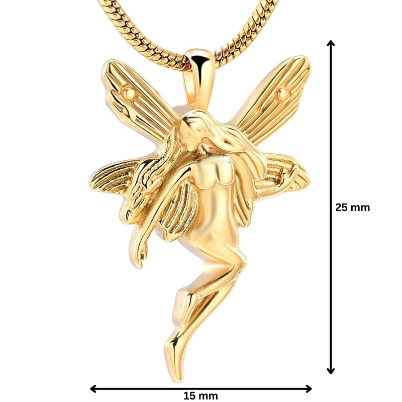 Gold stainless steel fairy pendant urn measuring 25mm by 15mm, ideal for ashes storage and remembrance jewelry.