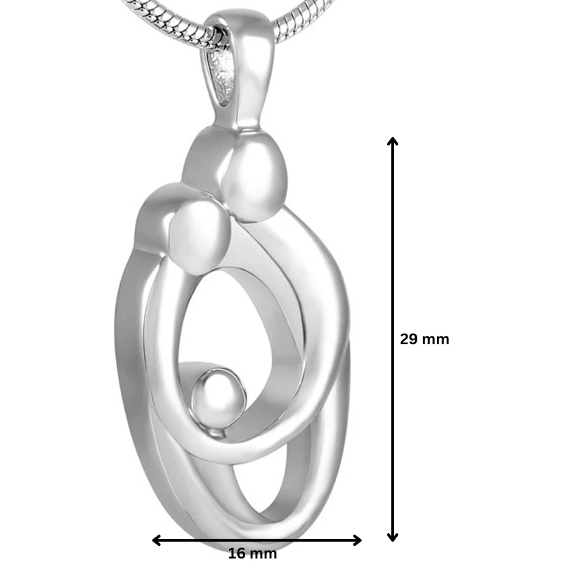 Loving Embrace Pendant - Ash Jewelry | Stainless Steel shown with dimensions 29mm x 16mm. Elegant urn necklace for holding ashes securely.