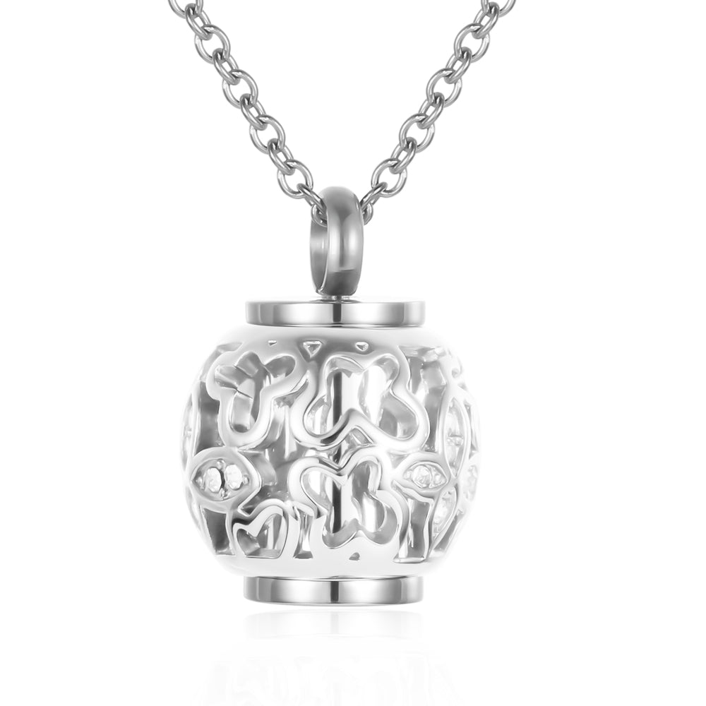 Silver tone butterfly urn pendant with intricate cutout design, ideal memorial jewelry with hidden compartment for ashes.