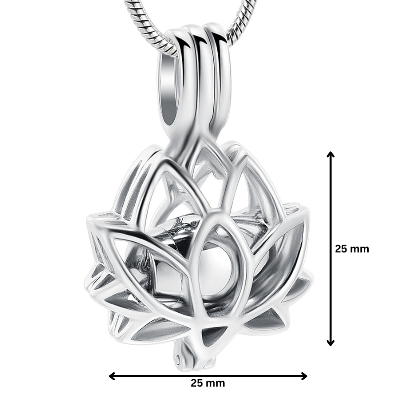 Lotus Urn Pendant Silver Tone - Keepsake Jewelry | Stainless Steel with 25mm dimensions, featuring a detailed lotus motif and urn compartment.