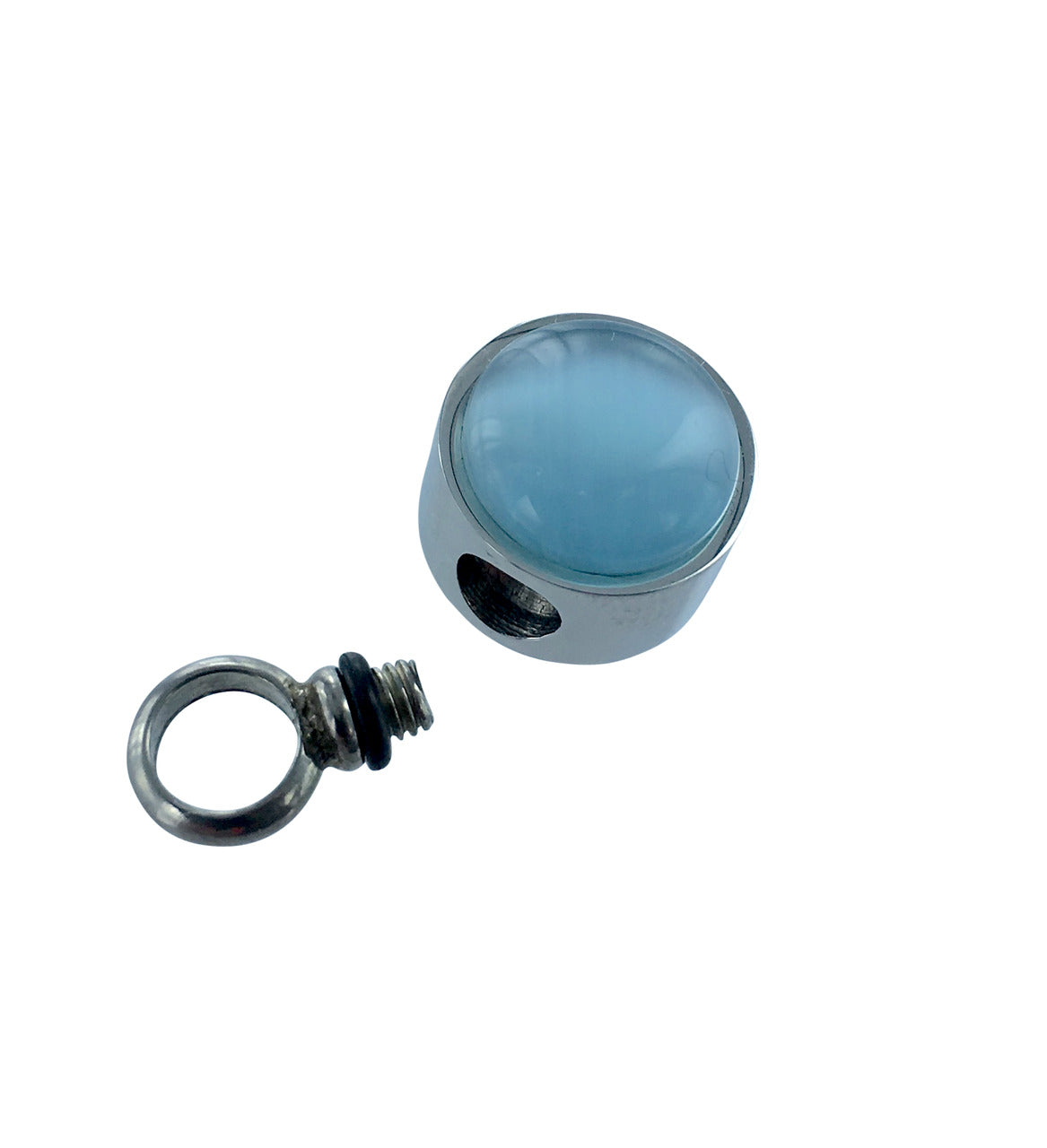 Blue Tear Drop Pendant with unscrewed loop cap revealing hidden compartment, ideal for keepsakes or memorial jewelry in stainless steel.